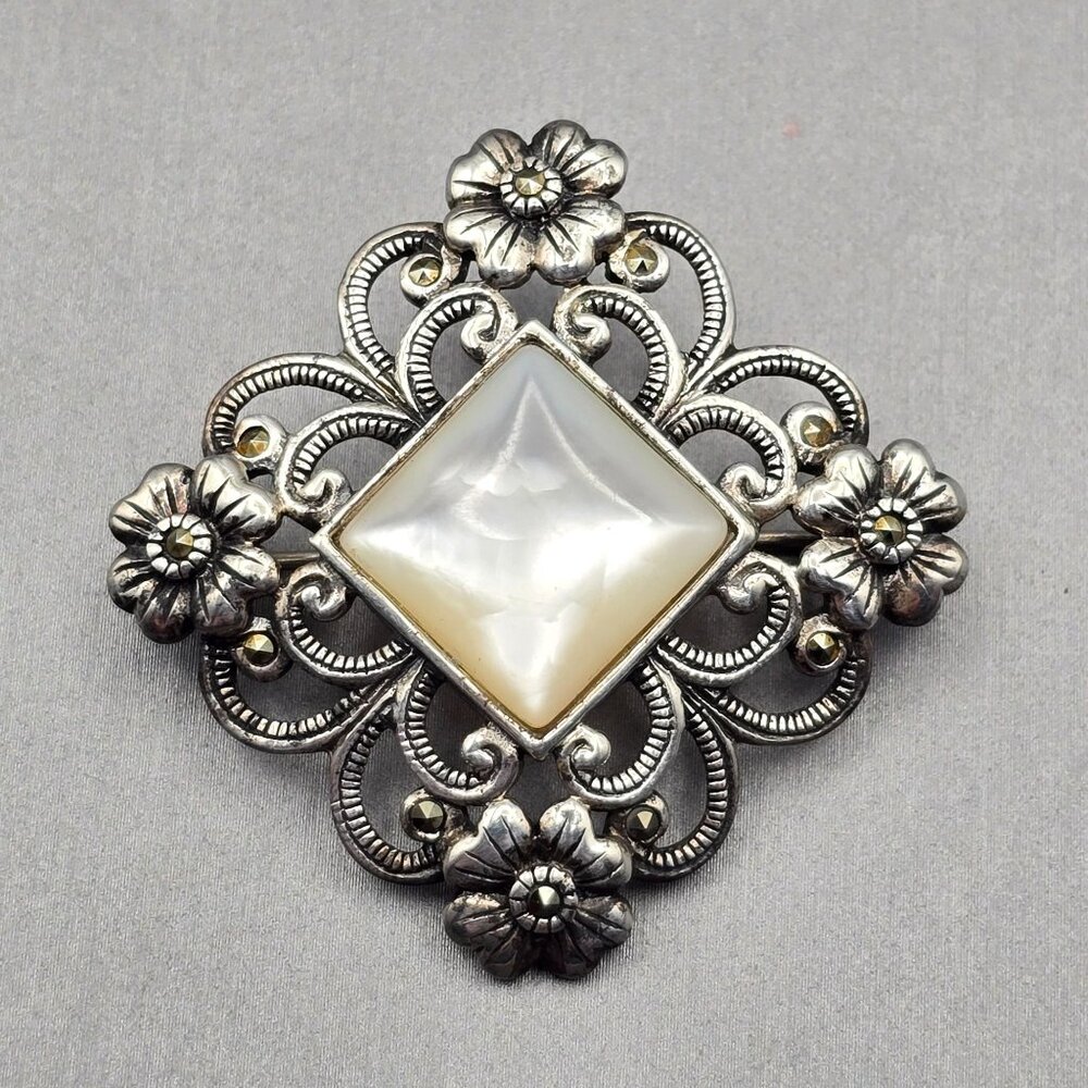 VTG 925A Sterling Silver MOP Brooch 1.25" Floral Cutouts Art Nouveau 11.41g - Picture 8 of 8